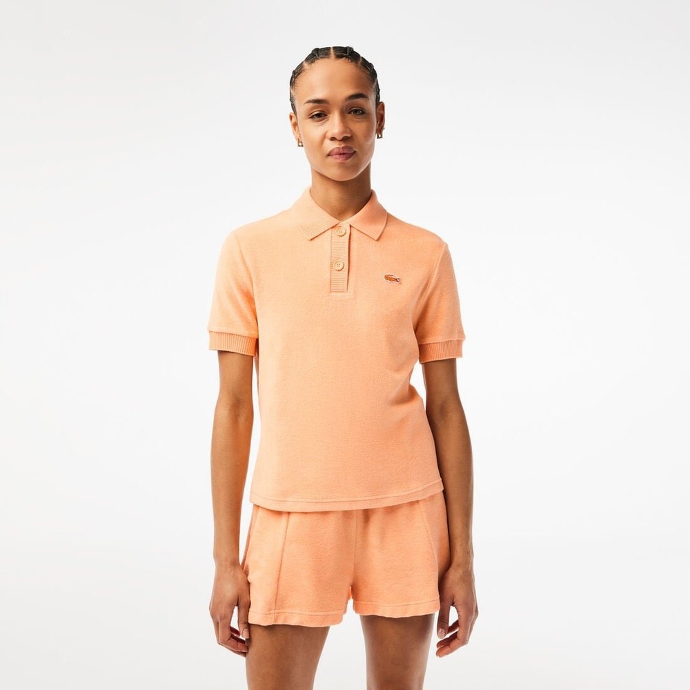Lacoste Women Peach Organic Terry Cloth Slim Fit Polo Shirt Size 36 (6 US)NEW